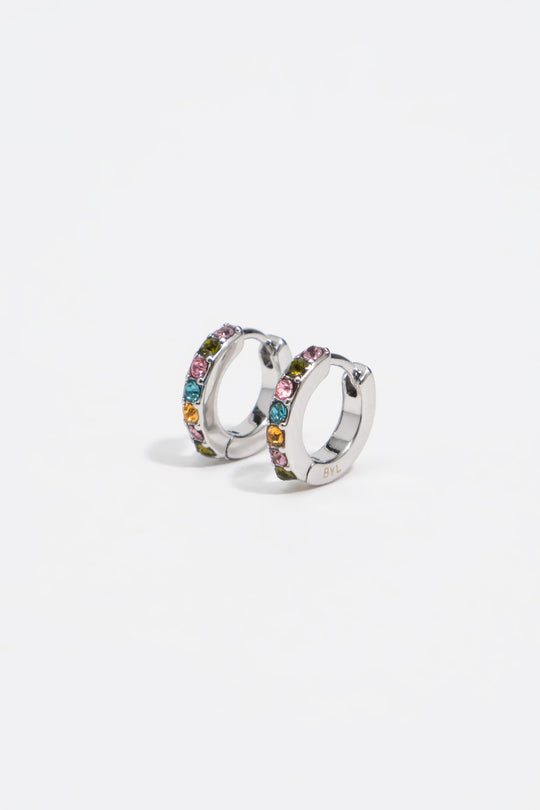 Silver mini hoop earrings with multicolor crystals