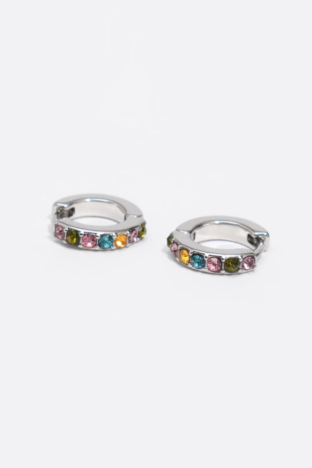 Silver mini hoop earrings with multicolor crystals