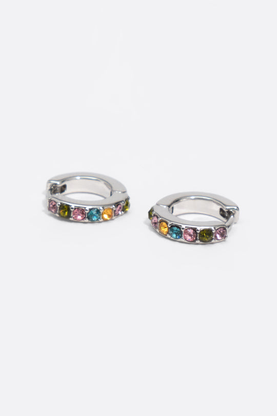 Silver mini hoop earrings with multicolor crystals