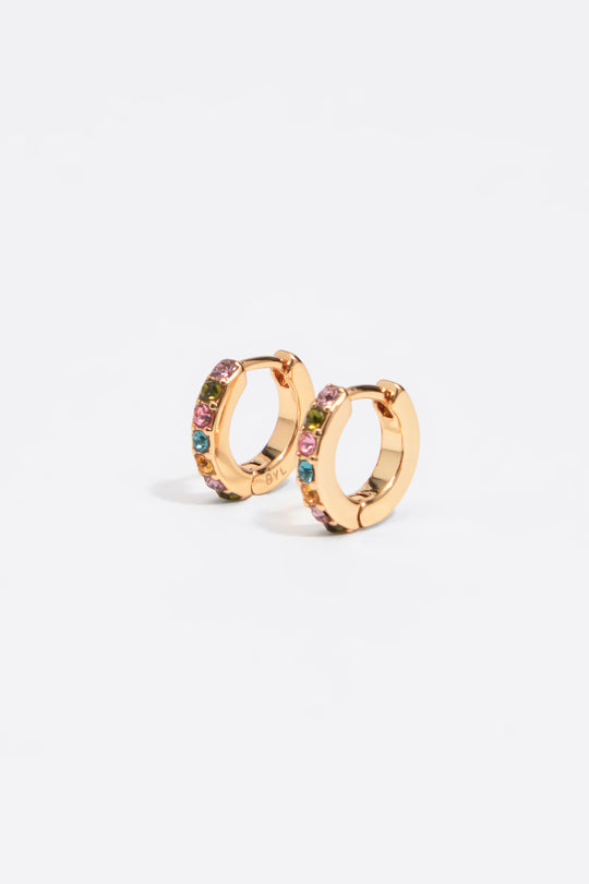 Gold mini hoop earrings with multicolor crystals