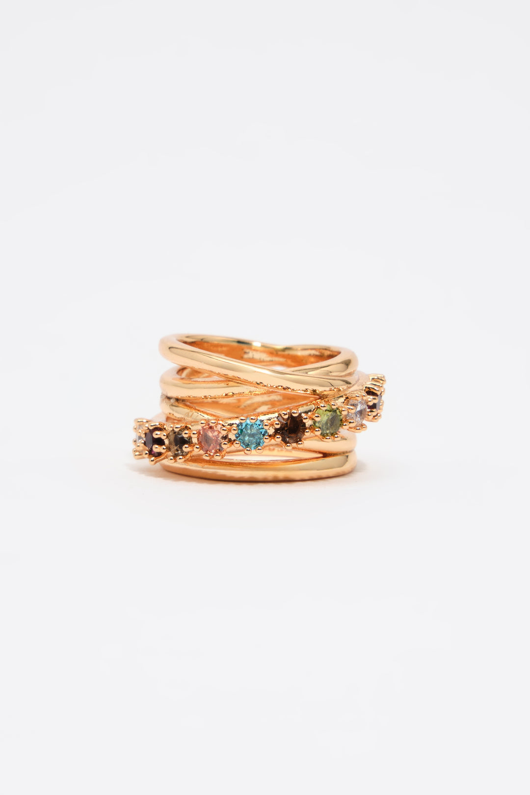 Multicolor crystals intertwined ring
