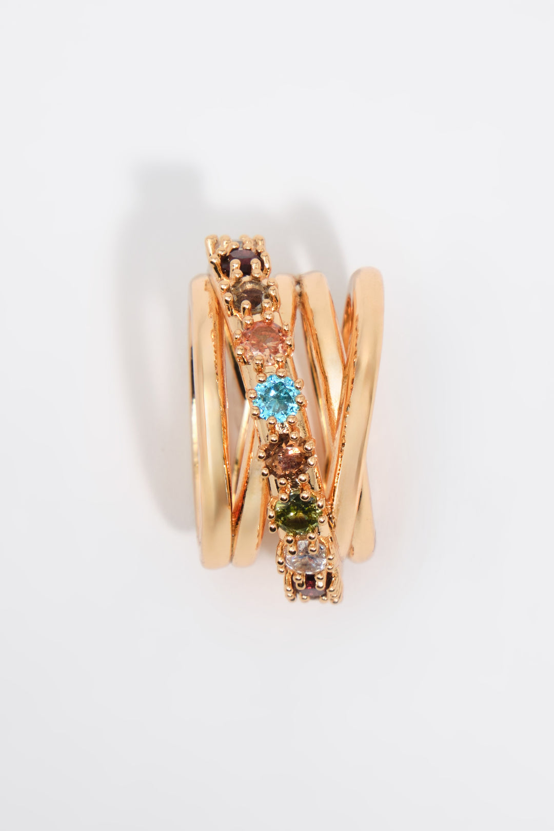 Multicolor crystals intertwined ring