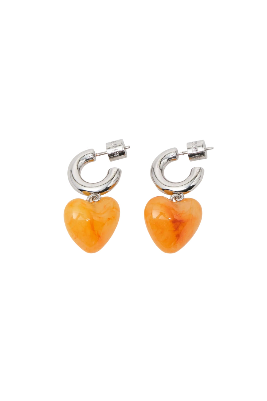 Silver hoop earrings with yellow resin heart