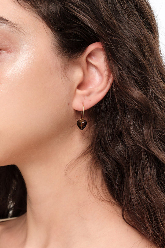 Amber resin heart hoop earrings