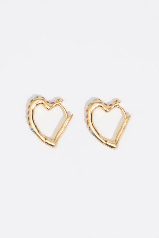 Multicolor crystals and textured heart hoop earrings