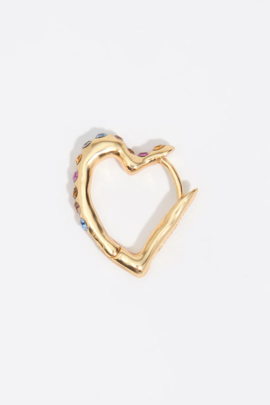 Multicolor crystals and textured heart hoop earrings