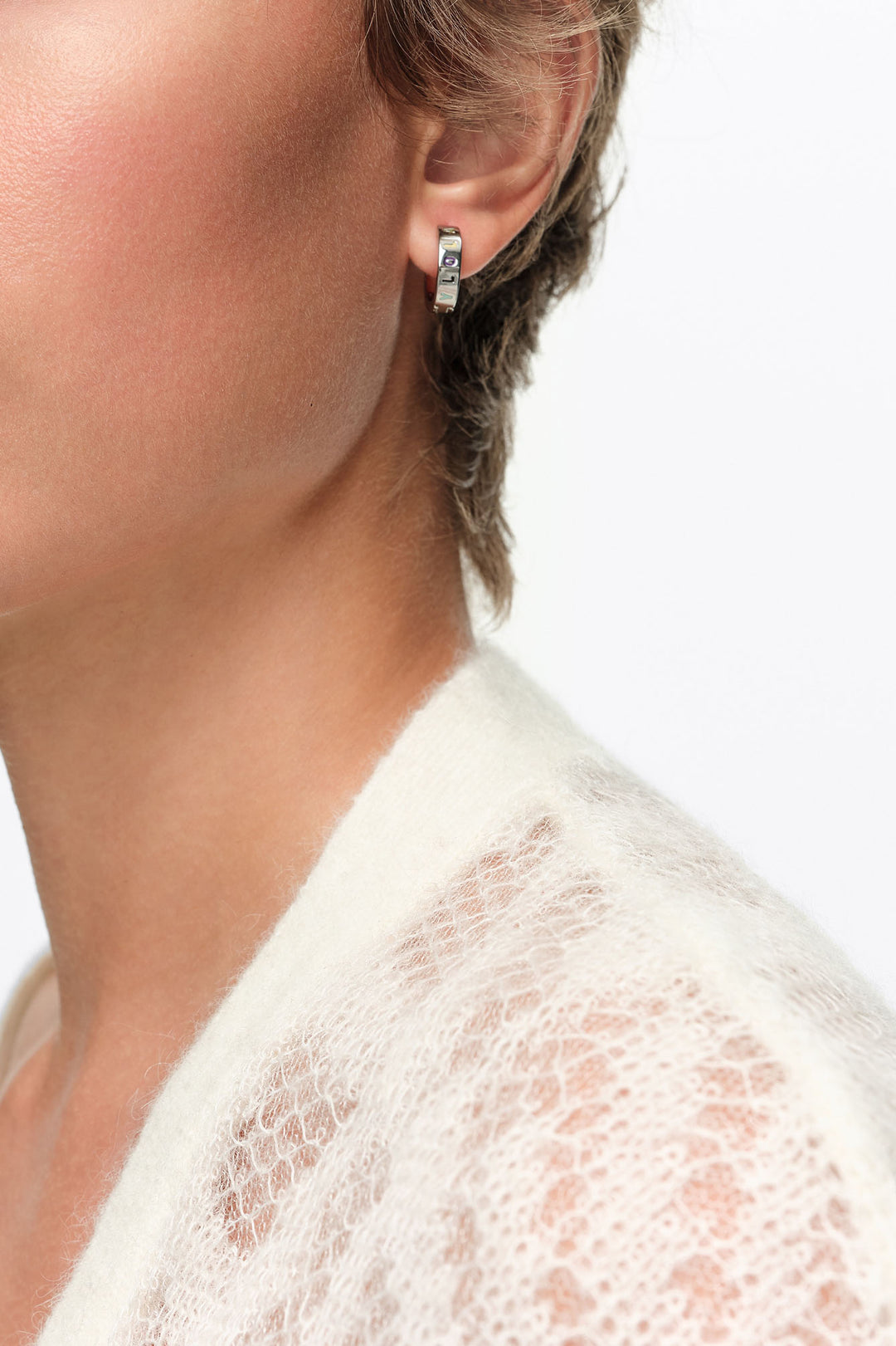 Medium silver crystals heart hoop earrings