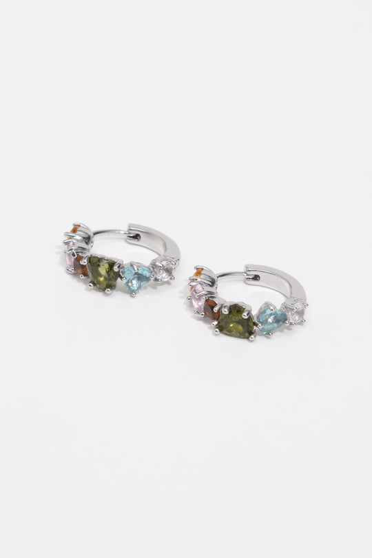 Medium silver crystals heart hoop earrings