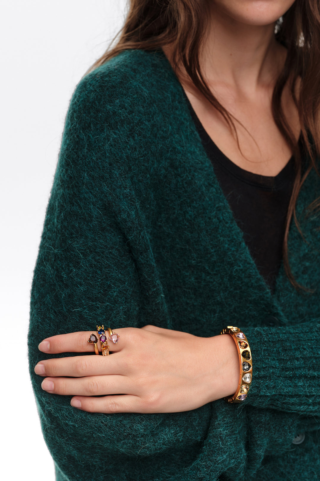 Gold crystal hearts spiral ring