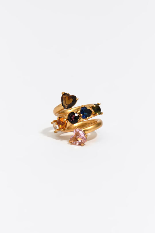 Gold crystal hearts spiral ring