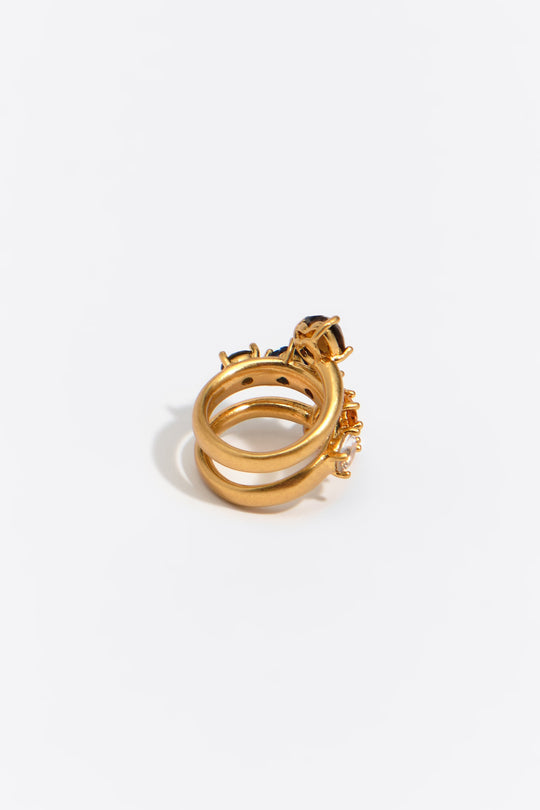 Gold crystal hearts spiral ring