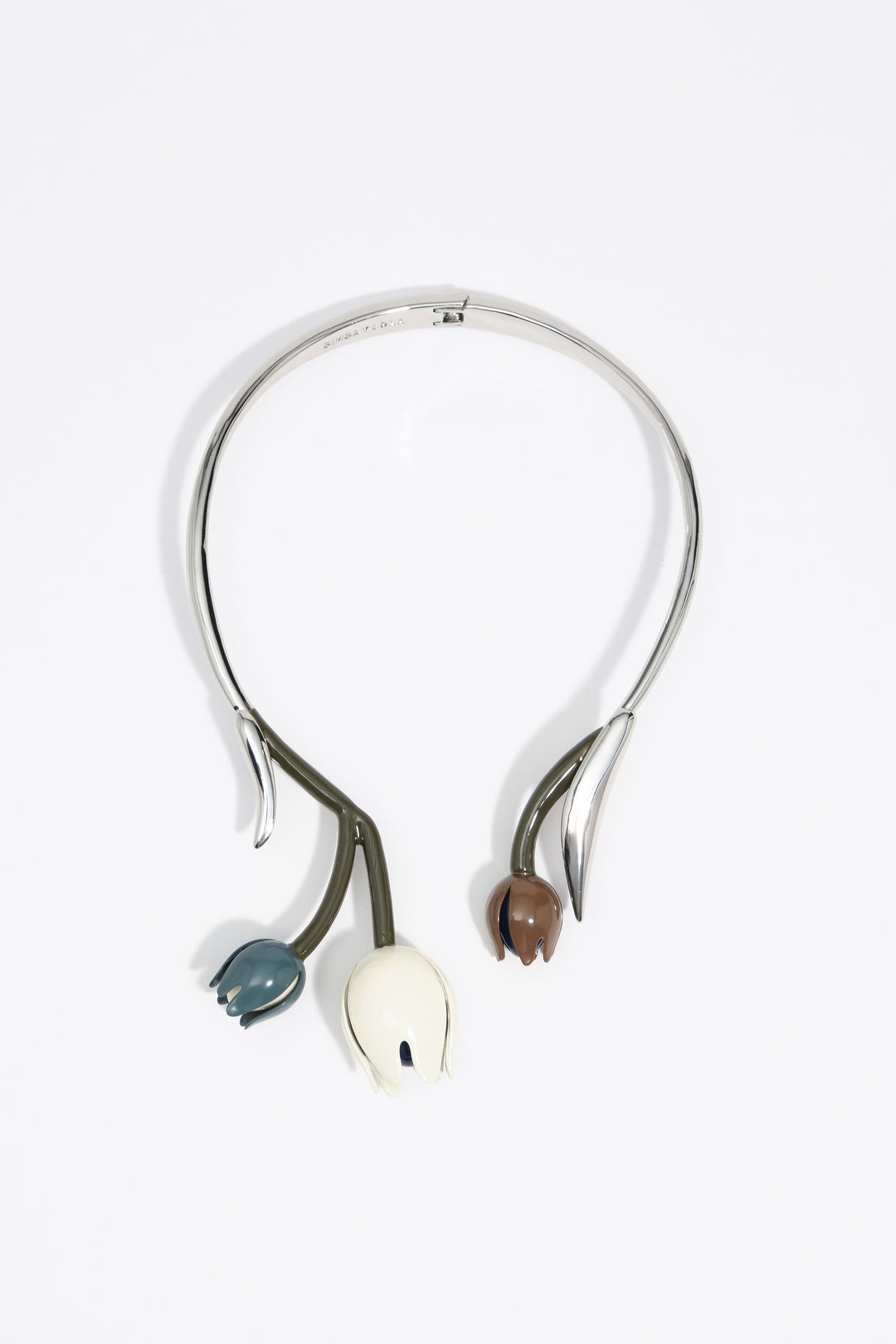 Rigid silver necklace with enamel tulips
