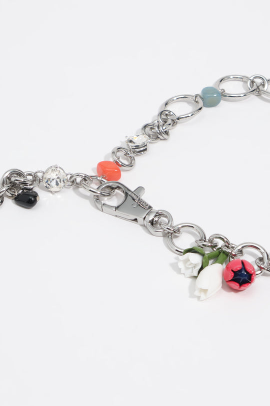 Silver chain necklace with stones and tulips