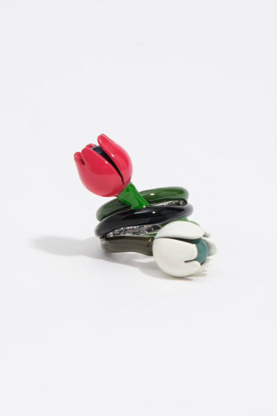 Silver ring with enameled tulips