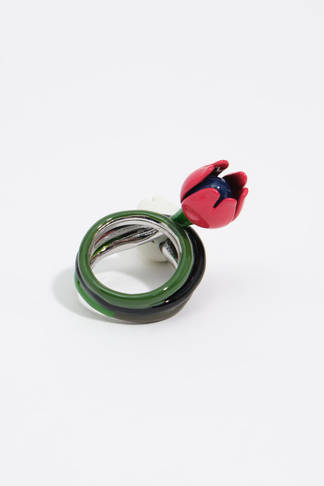Silver ring with enameled tulips