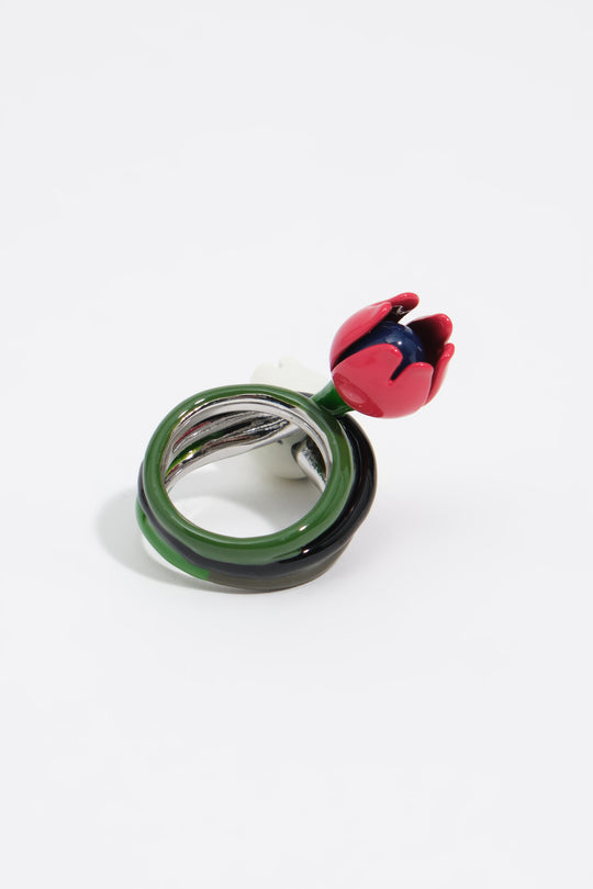 Silver ring with enameled tulips