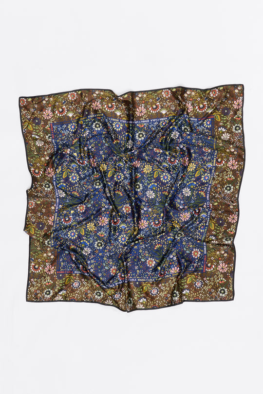 Navy blue floral scarf with logo frame