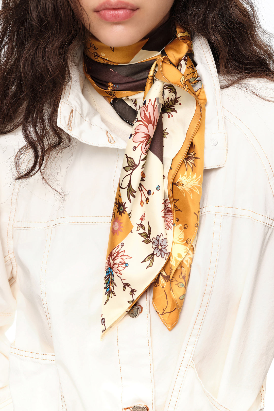 Ocher romantic flowers patchwork scarf