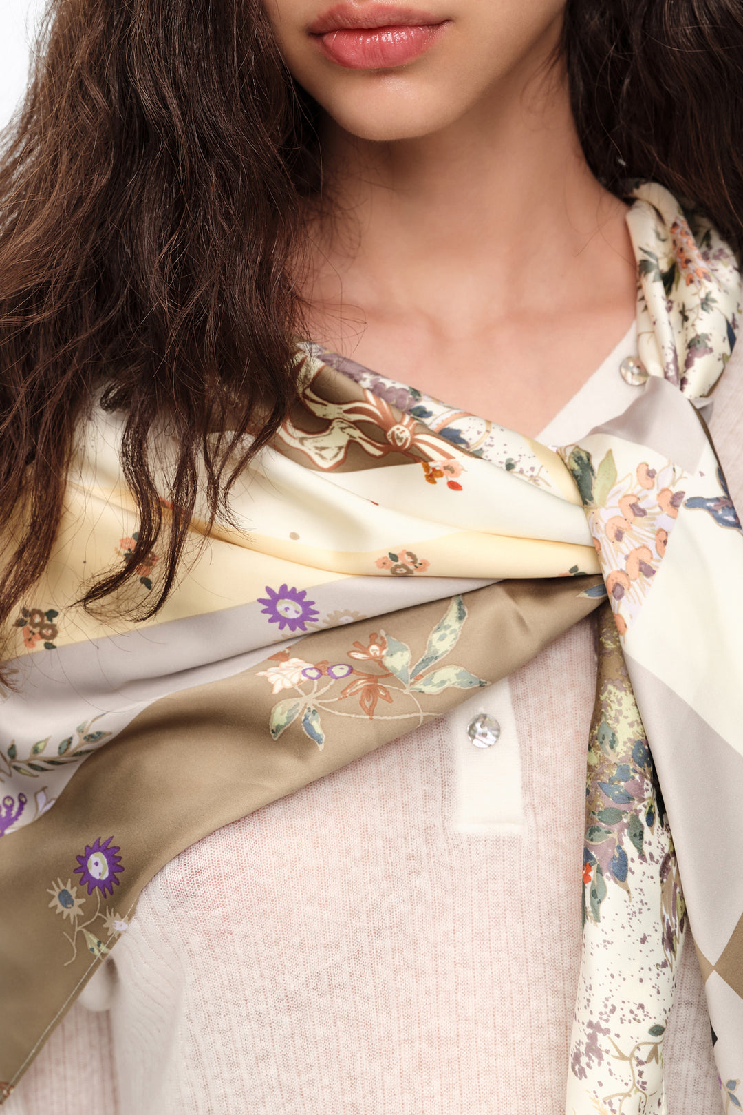 Cream romantic flowers patchwork scarf
