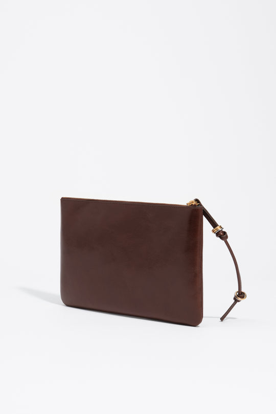 Dark tan medium leather make-up clutch
