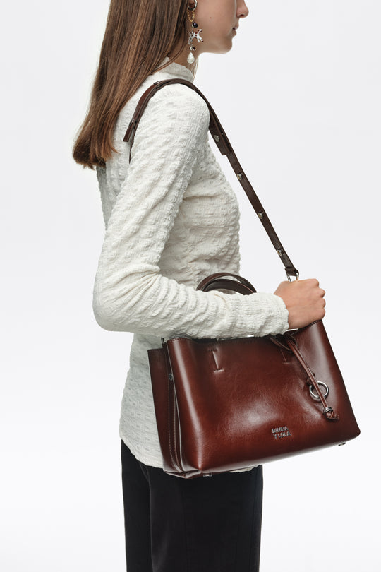 Medium dark tan leather Chihuahua tote bag