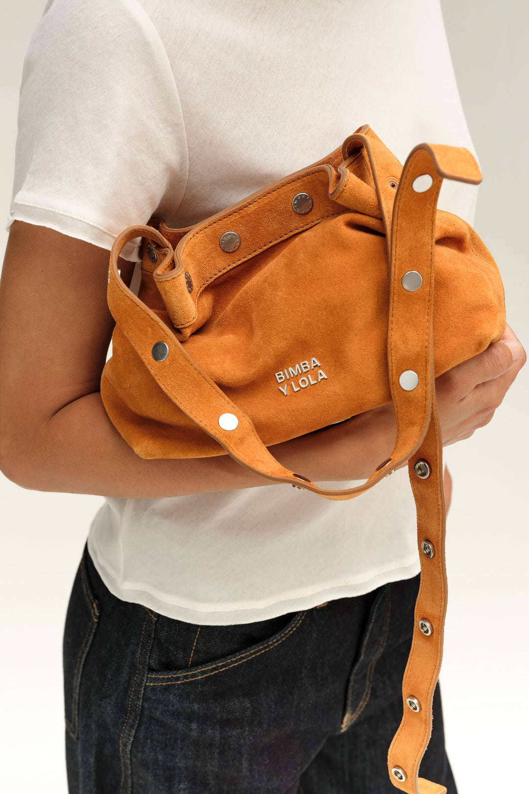 Medium amber suede snaps bag