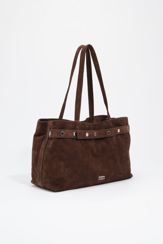 Coffee suede snaps shopper bag