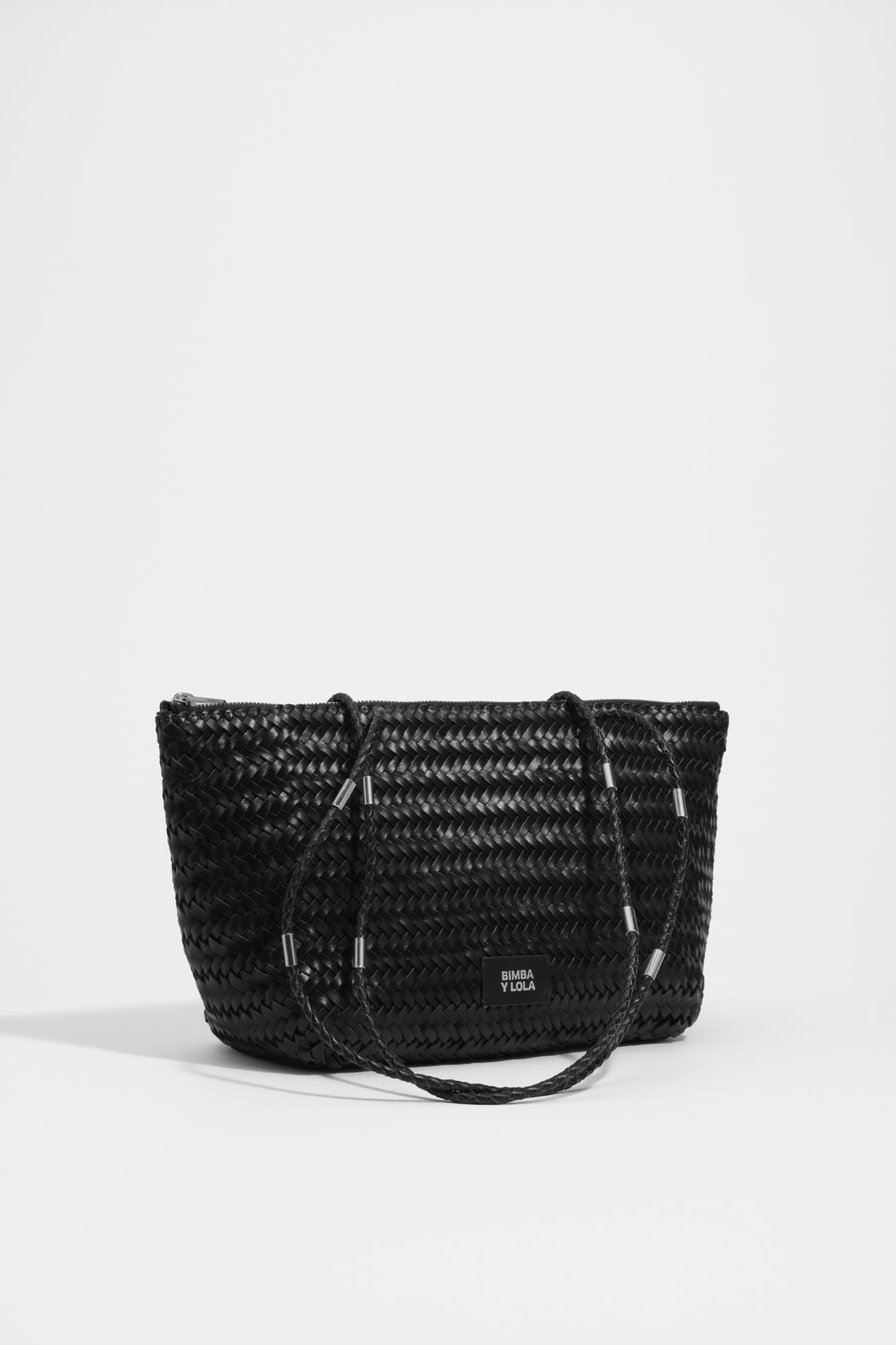 Medium black plaited leather shopper bag