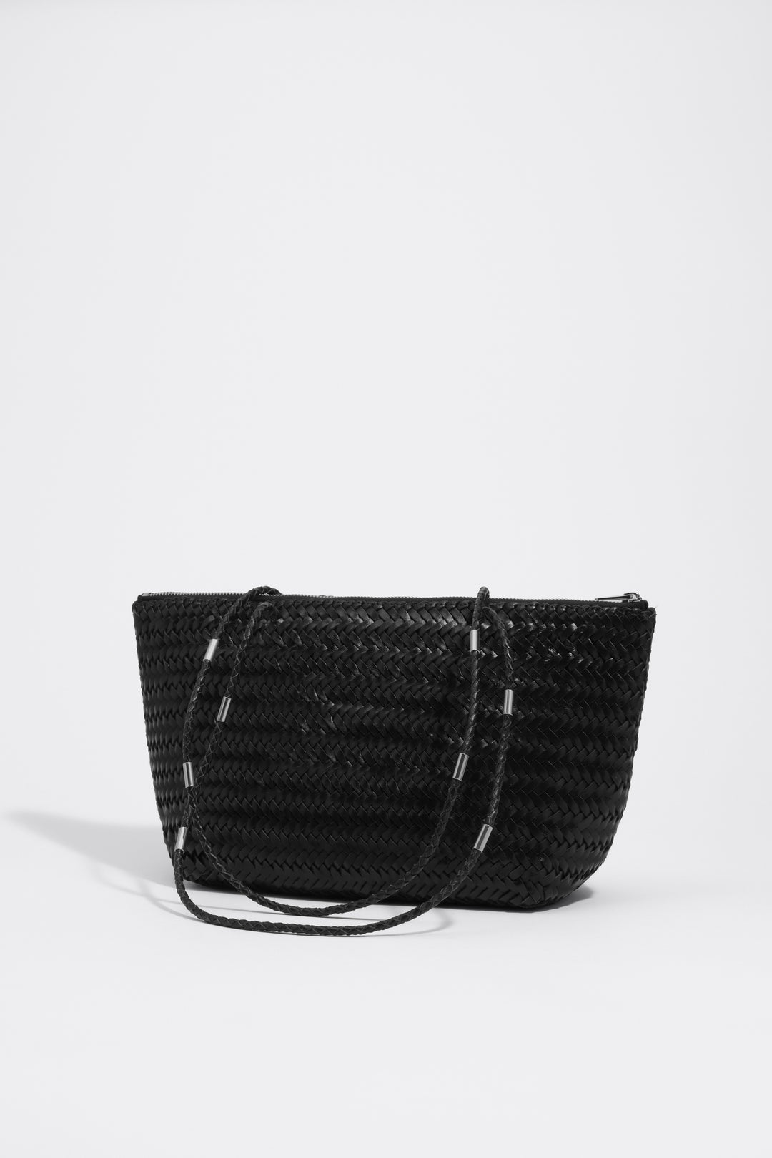 Medium black plaited leather shopper bag