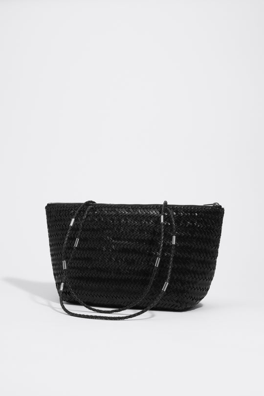 Medium black plaited leather shopper bag