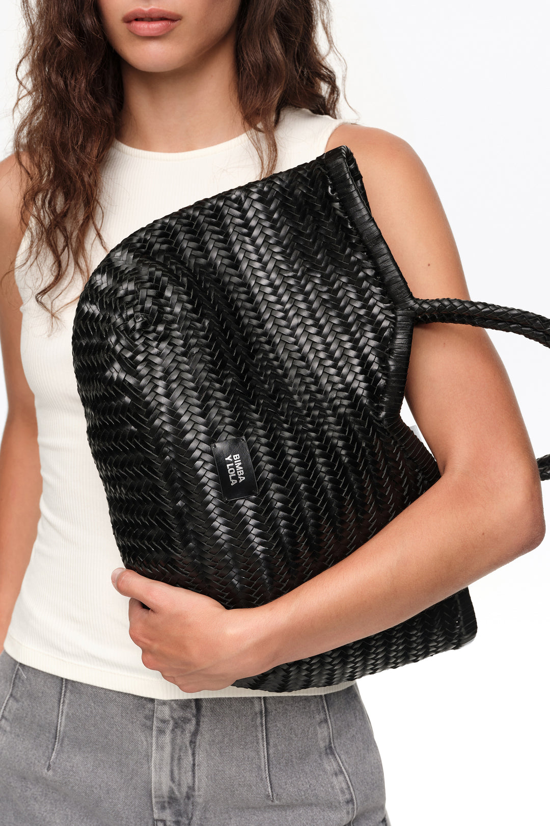 Large black plaited leather shopper bag