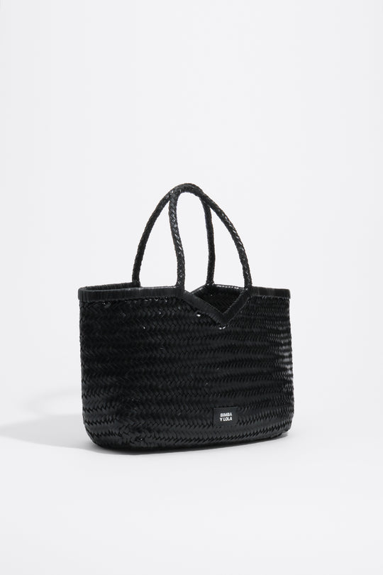Large black plaited leather shopper bag