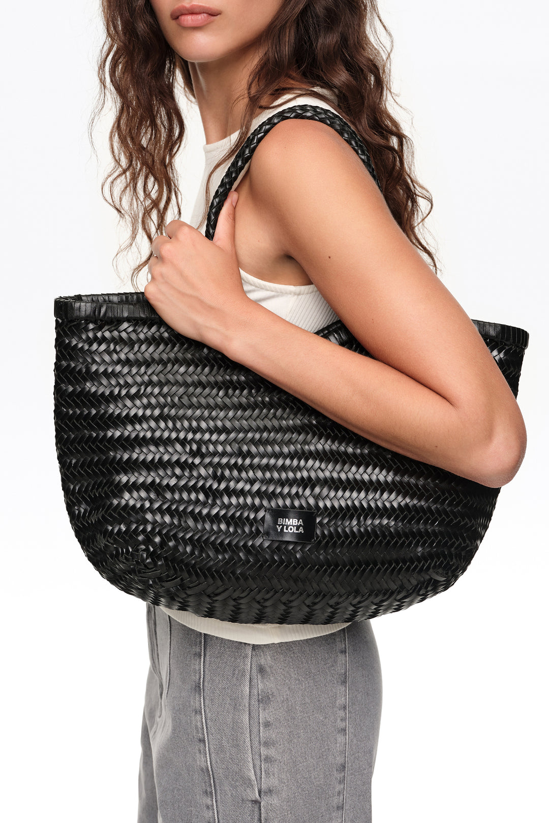 Large black plaited leather shopper bag