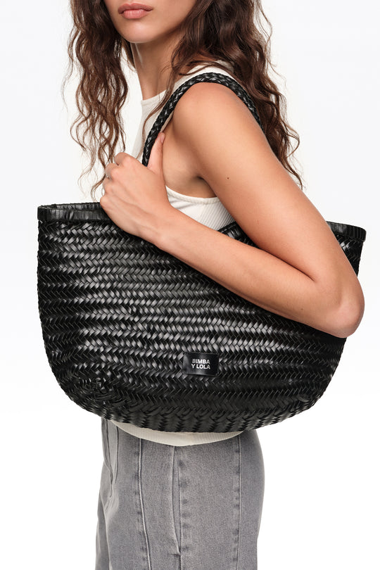 Large black plaited leather shopper bag