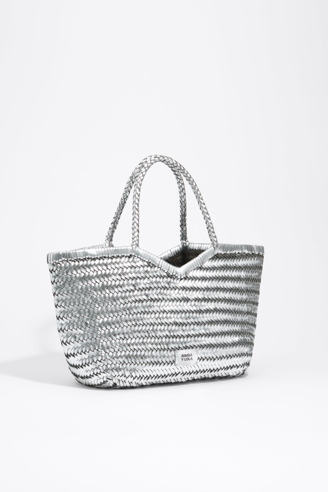 Large silver plaited leather shopper bag