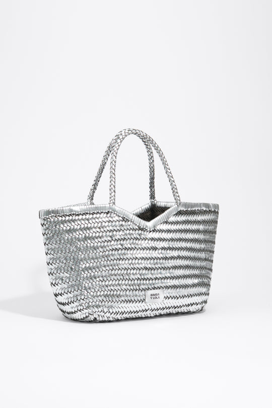 Large silver plaited leather shopper bag
