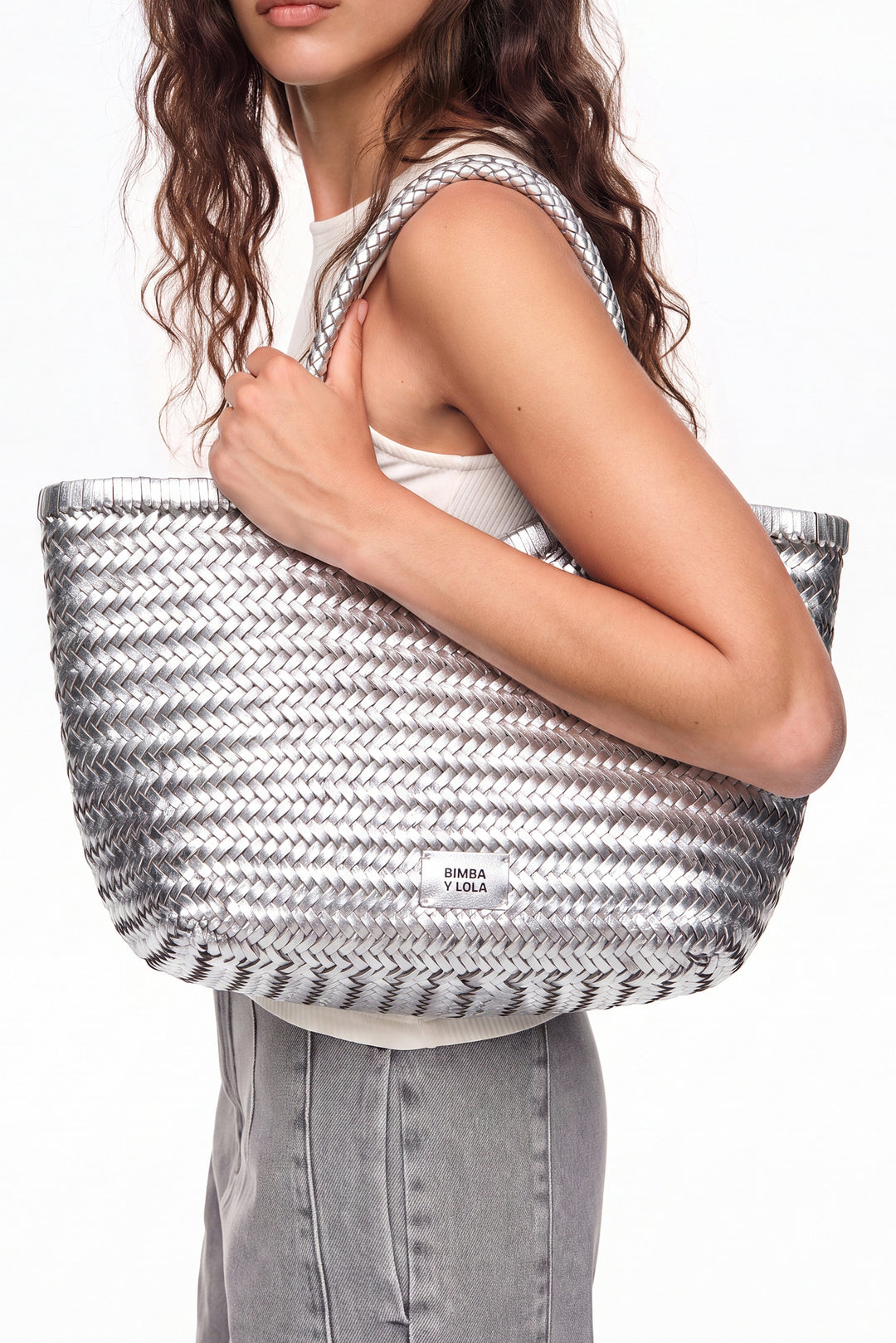 Large silver plaited leather shopper bag