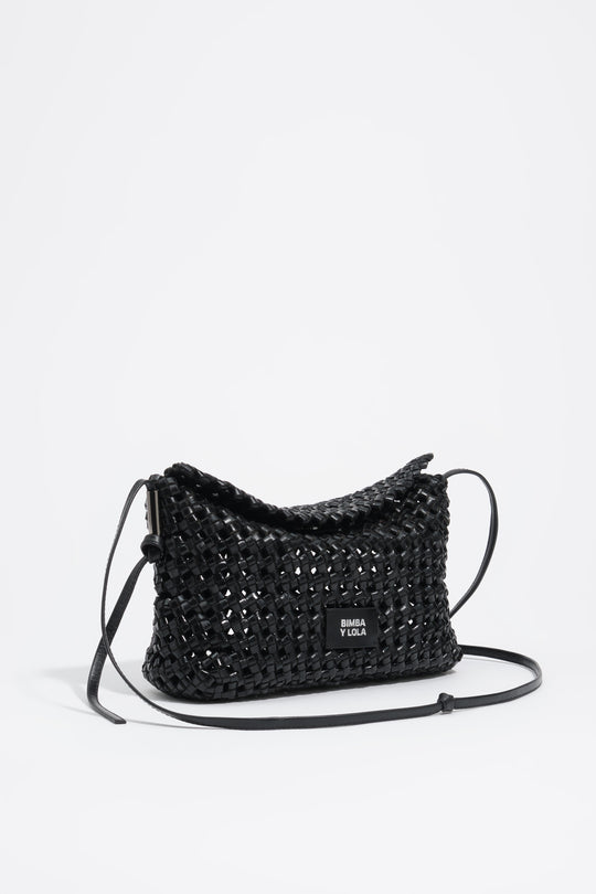 Small black plaited leather crossbody bag