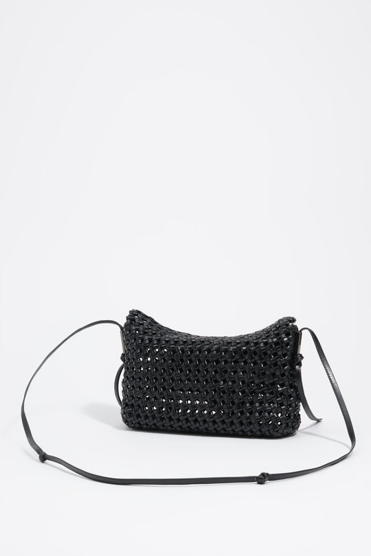 Small black plaited leather crossbody bag