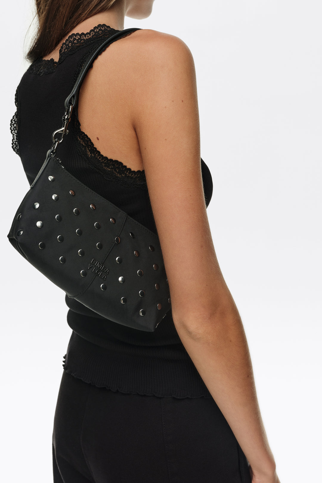 Small black studded nylon crossbody bag