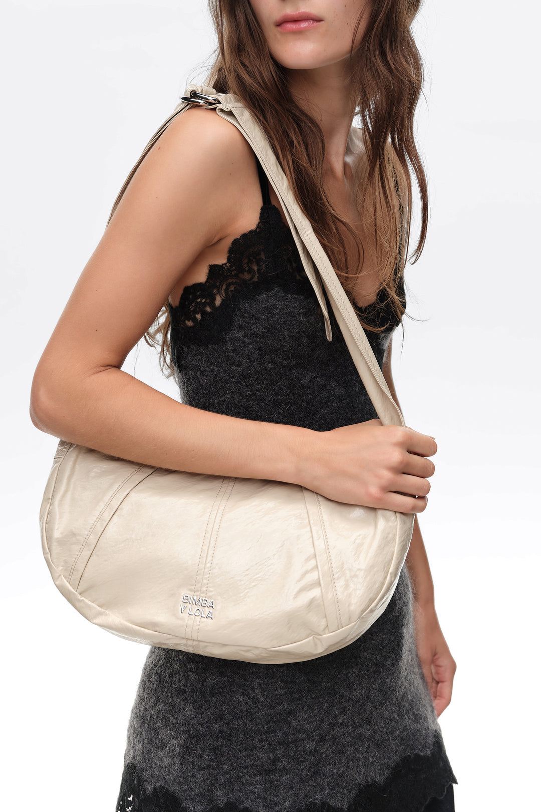 Medium shiny greige Moon bag