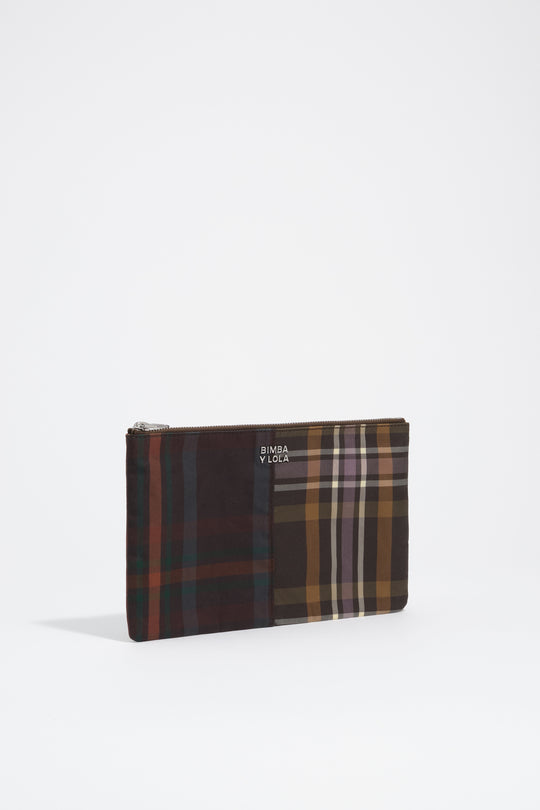 Medium coated chocolate green tartan clutch make-up case