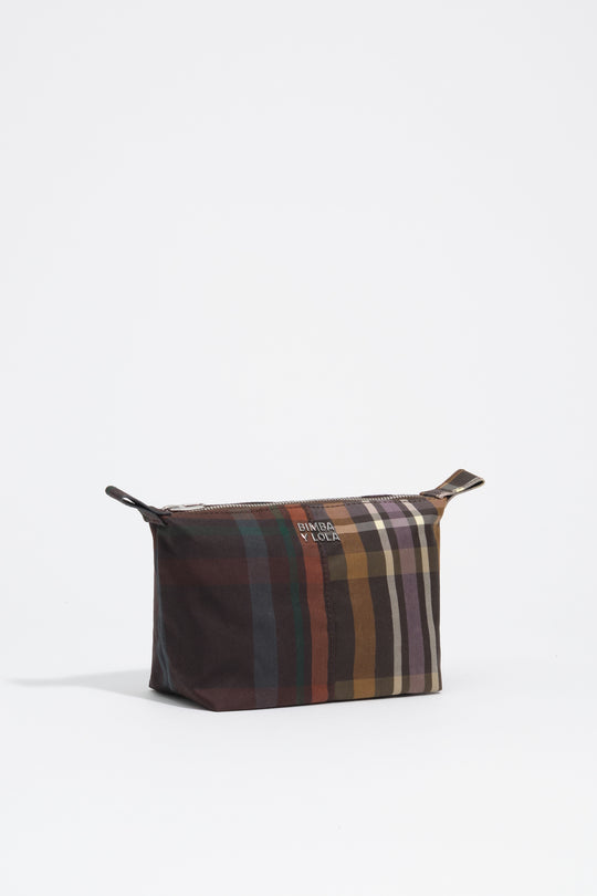 Small coated chocolate green tartan Trapecio make-up case
