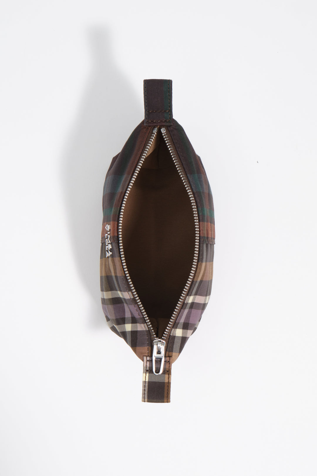 Small coated chocolate green tartan Trapecio make-up case