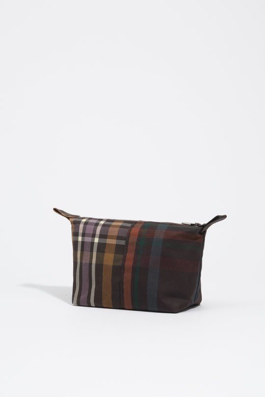 Small coated chocolate green tartan Trapecio make-up case