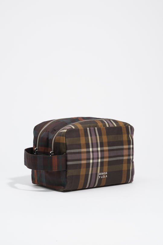 Large coated chocolate green tartan double make-up case