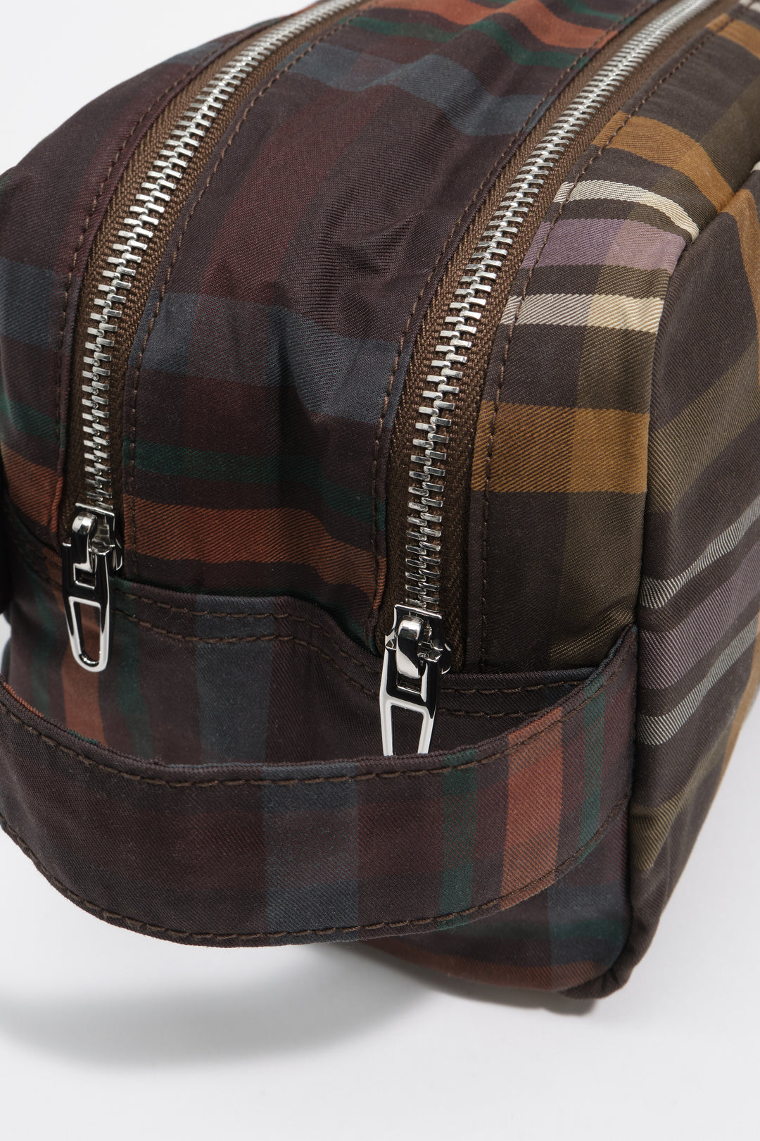 Large coated chocolate green tartan double make-up case