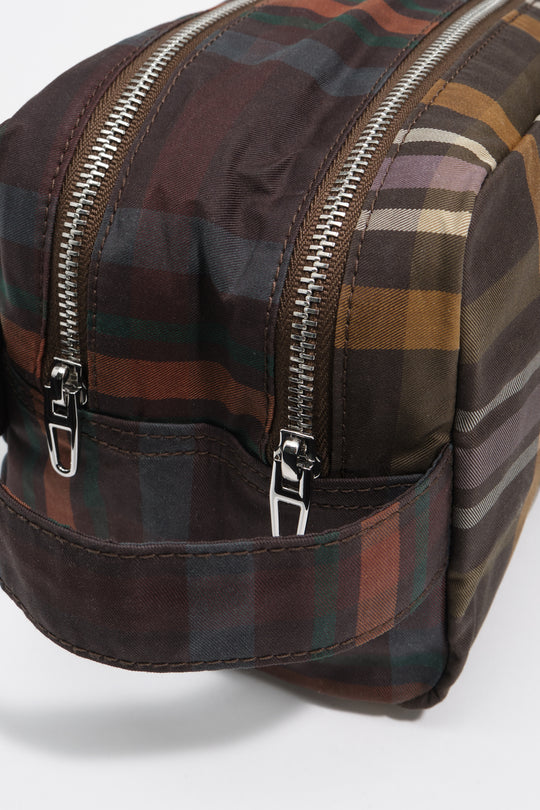 Large coated chocolate green tartan double make-up case