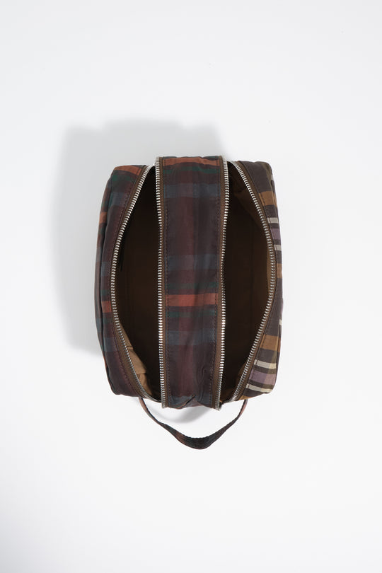 Large coated chocolate green tartan double make-up case