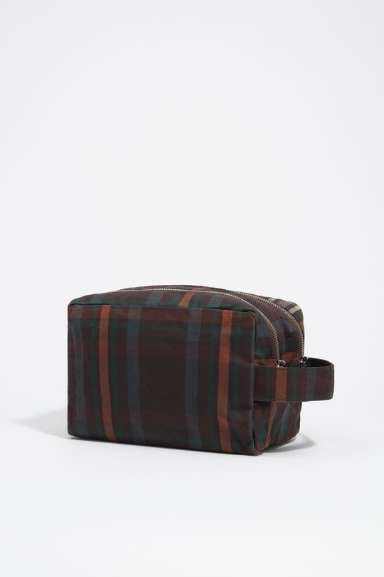 Large coated chocolate green tartan double make-up case